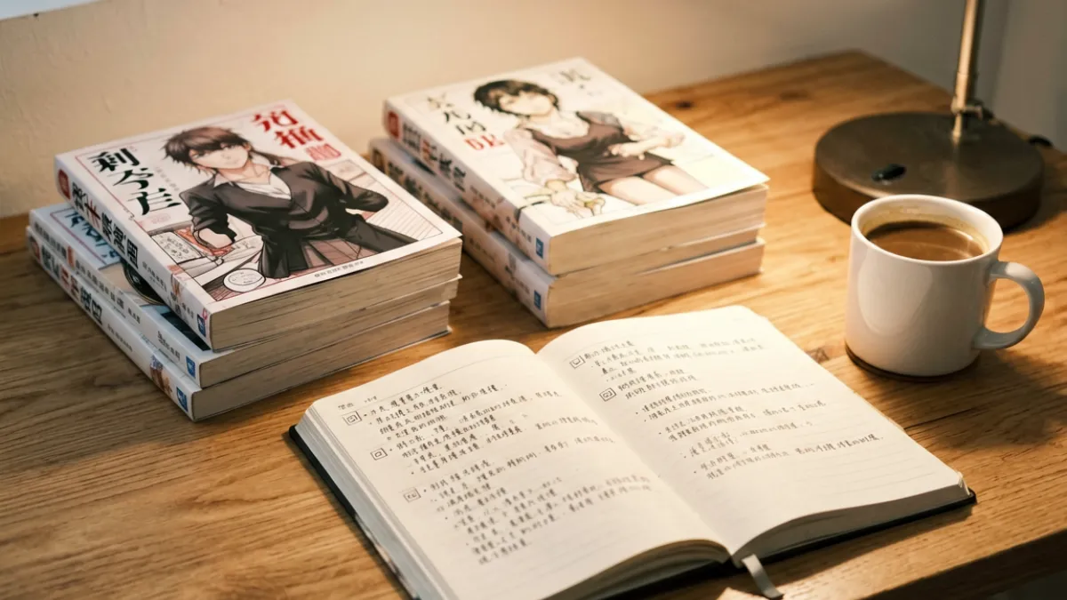 成人动漫叙事深度解读示意图，书桌上摆放多部高分动漫原作漫画和笔记本